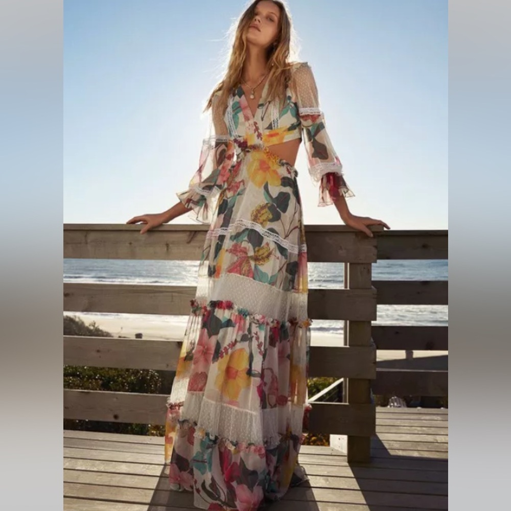 PatBO Floral Cutout Maxi Dress in White with Yellow, Pink, Green & Blue